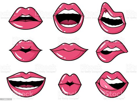lips patches pop art sexy kiss smiling woman mouth with red lipstick