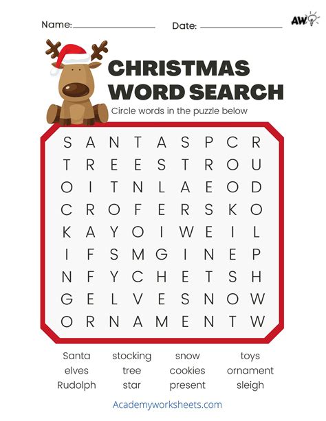 christmas word search printable  academy worksheets