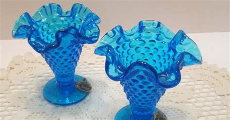 Fenton Glass Cobalt Blue Hobnail Mini Vases Mint Condition Pair