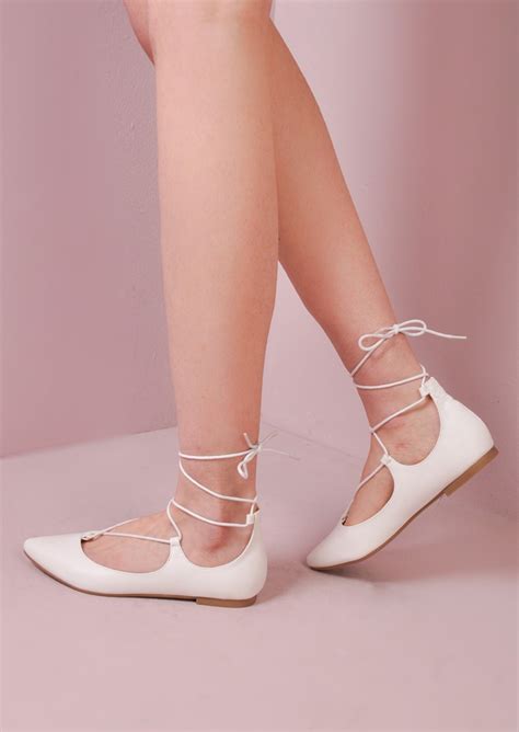 Lace Up Pointed Ballet Closed Toe Flats White