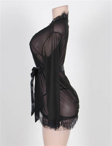 top quality black sheer lace trim sexy robe with belts