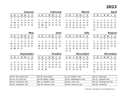 yearly calendar template   holidays  printable templates