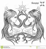 Gemini Zodiac Tweeling Astrological Horoscope Colouring Astrologisch Teken Meisje Lineart sketch template