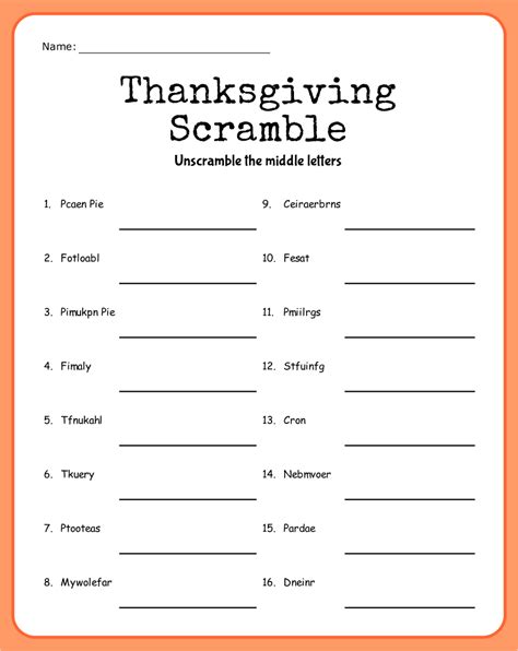 printable thanksgiving word scramble