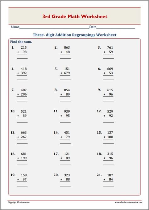 digit addition regroupings worksheet edumonitor