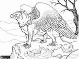 Mythical Mythological Griffin Fantastiques Griffon Lineart Cerberus Coloringhome sketch template