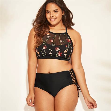 plus size embroidered mesh high neck bikini top and lace up high waist