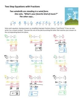 solving  step equations  fractions joke worksheet   answer key
