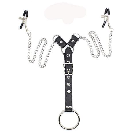 pu leather nipple clamps bondage harness bdsm metal chain with cockring