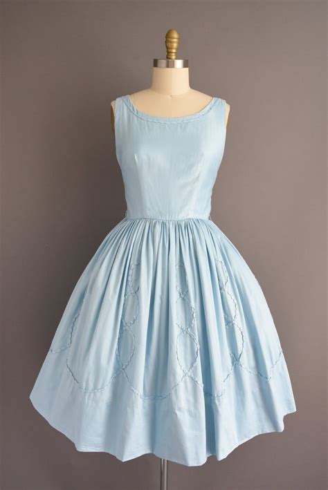 50s Dress Blue Polished Cotton Sweeping Full Skirt Sun Dress Small