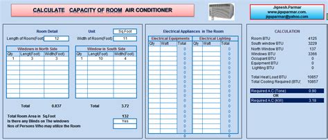 room air conditioning size calculator excel sheet