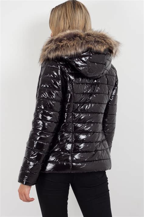 black shiny puffer coat  faux fur hood aw styledupcouk