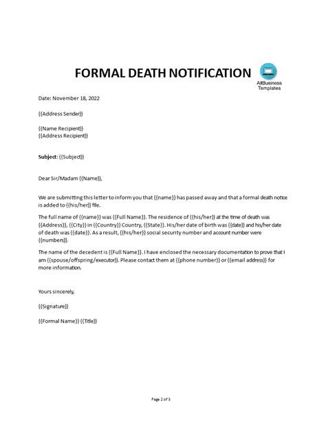 death notification letter sample templates  allbusinesstemplatescom