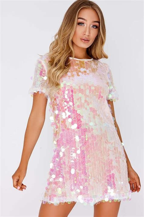 darcell white iridescent sequin  shirt dress   style usa disco