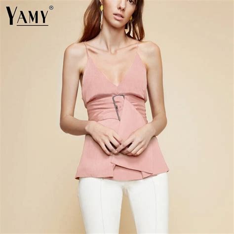 Elegant Sashes Pink White Tank Top Women Shirts Sexy V Neck Off