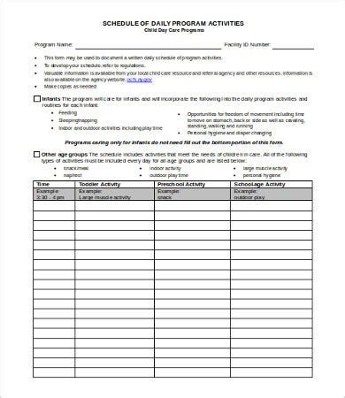 daycare schedule template   word  format