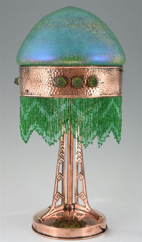 Art Nouveau Copper Table Lamp With Loetz Glass Shade