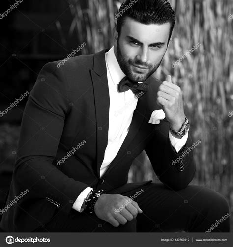 Black White Outdoor Portrait Of Elegant Handsome Man In Classical Suit
