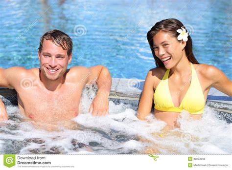 Wellness Spa Couple Relaxing In Hot Tub Whirlpool Stock Image Image