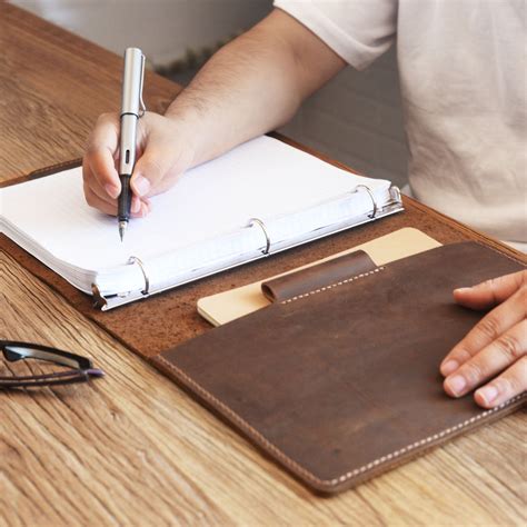 leather  ring binder business portfolio folders  pockets brown