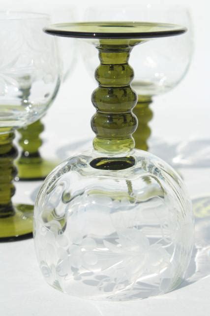 Vintage Roemer Rhein Wine Glasses Green Stem Etched Glass