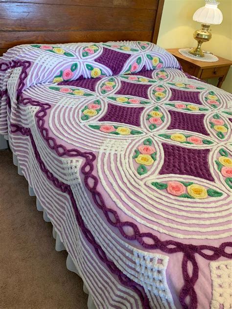 purple chenille bedspread vintage heavy fluffy cotton etsy chenille