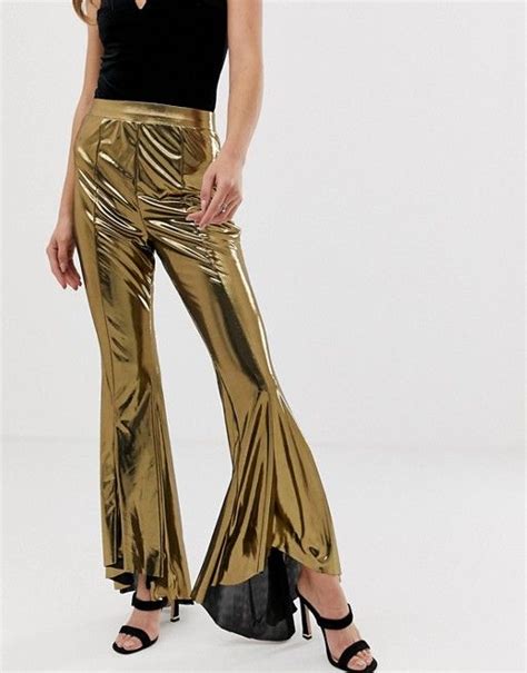 asos design asos design flare broek met ruches en goudfolie pant trends metallic fabric