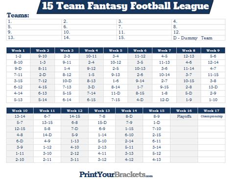 printable  team fantasy football league schedule
