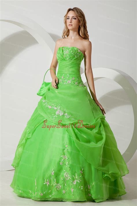 apple green strapless sweet sixteen quinceanera dress embroidery