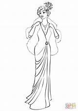 Coloring Pages Woman Dress Coat Fur 1930 Wearing Long 1930s Printable Drawing Fashion sketch template
