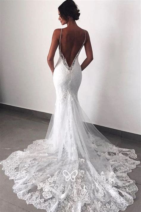sexy low back sheer train lace mermaid wedding dress vq