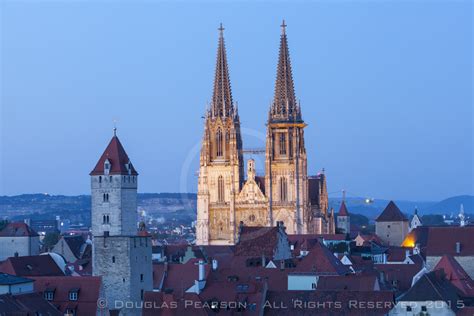 elevated view  st peters cathedral illuminated  dusk regensburg upper palatinate