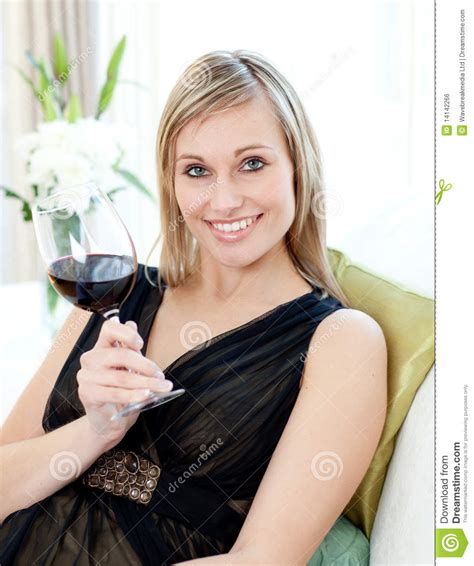 Beautiful Blond Woman Drinking Red Wine Royalty Free Stock