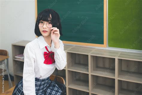 Cute Short Haired Asian Girl Thai People Wearing Glasses And Japanese