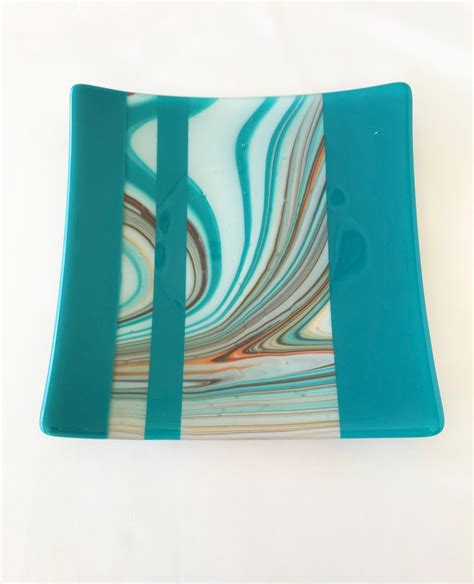 Handmade Teal Blue Striped Glass Plate Fused Glass Plate Etsy