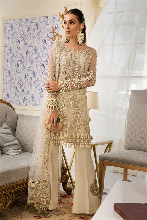 Pakistani Net Embroidered Dress With Motifs In Skin Color Nameera By