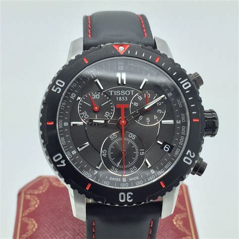 tissot  black dial mens chronograph quartz   red accents ebay