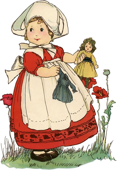 vintage little dutch girl with doll drawing the graphics fairy