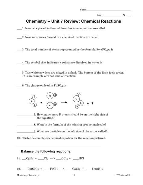chemistry unit  worksheet  write balanced chemical equations