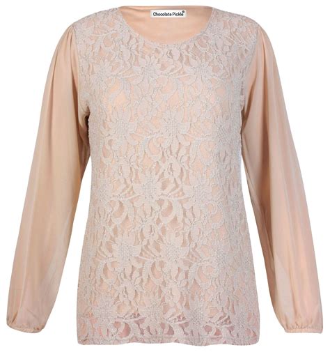 new ladies plus size chiffon sheer long sleeve lace tunic blouse tops