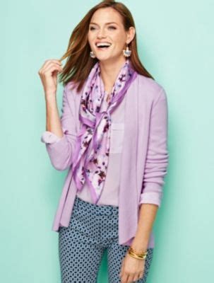 lavender cardigan shades  purple scarf navy print pants purple gem earrings lavender