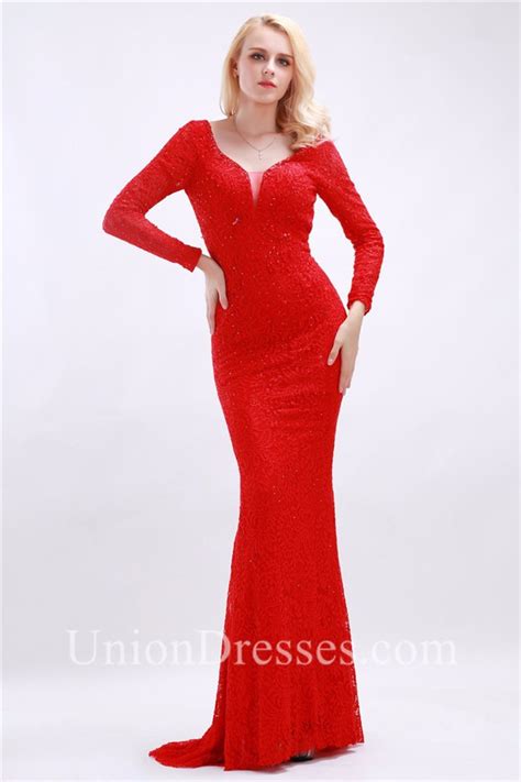 sexy v neck backless long sleeve red lace evening prom dress