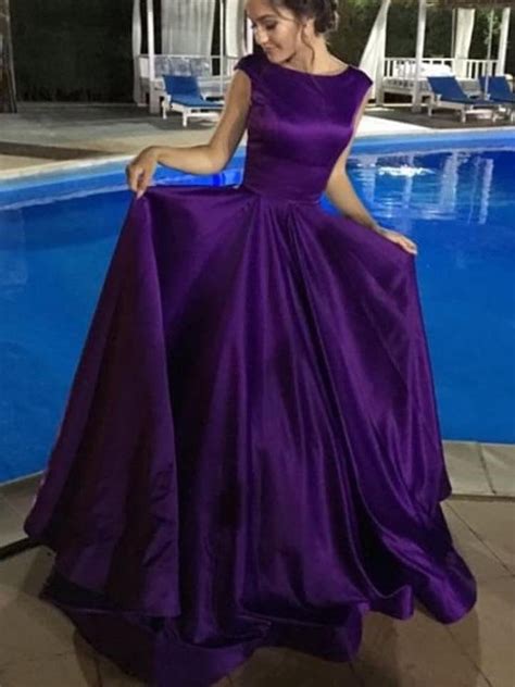 modest vintage style bateau neck long purple prom dress ball gown prom