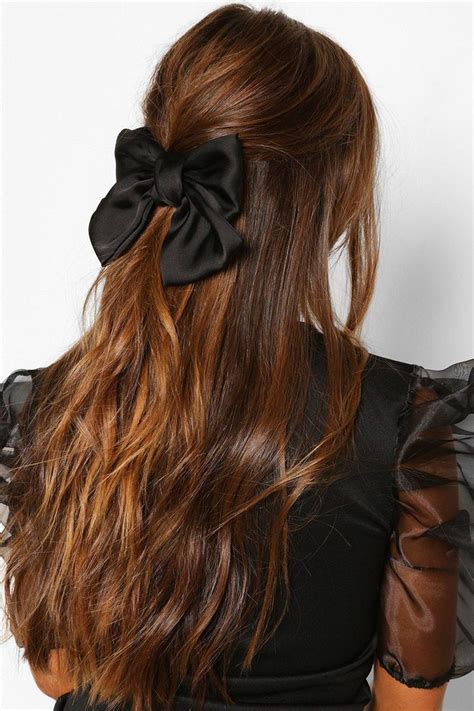 large satin bow boohoo   warm brunette hair color bow