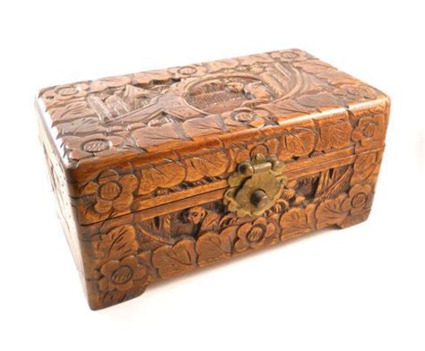 vintage ornate antique wood hand carved chinese asian box