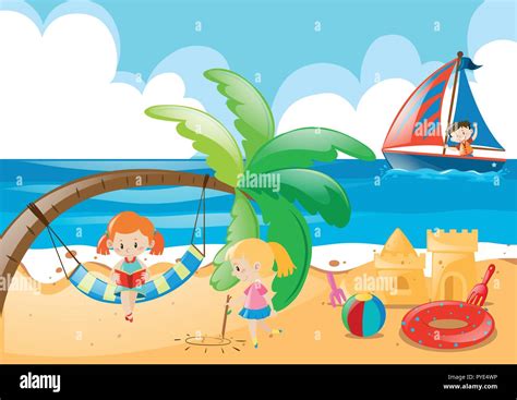 beach scene  kids playing illustration stock vector image art alamy