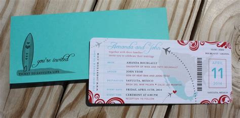 Fun Friday Airplanes And Surf Board Airline Ticket Wedding Invitations