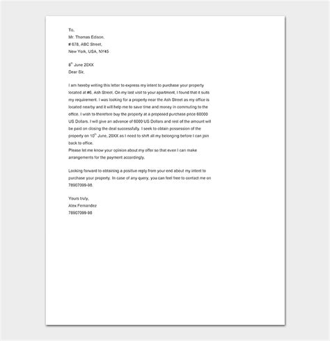 printable sample offer letter  purchase property    canada