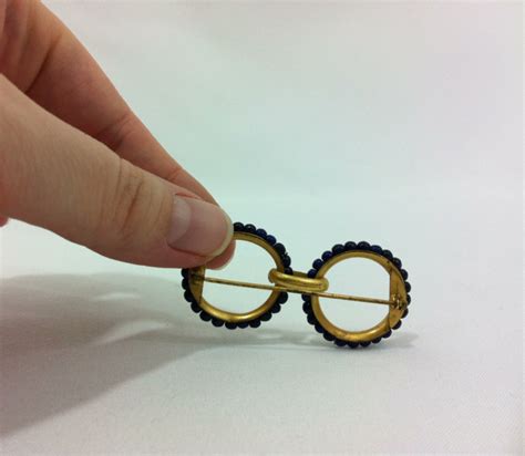 1940s vintage geek chic eyeglass brooch pin ~ eyeglasses pin holder ~ blue beaded eye glasses pin