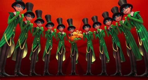A Group Of People Dressed In Green And Black Outfits With Hats On Their